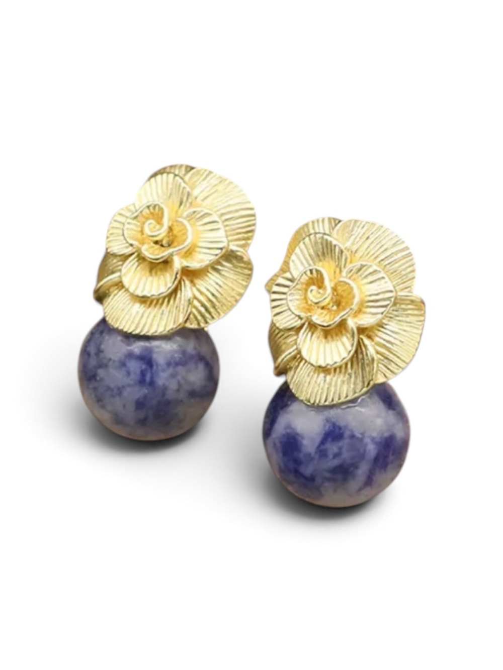 18k Gold plated Flower Stud Earrings with Blue Marble Sodalite Sphere for women